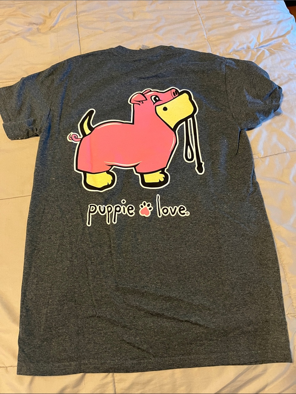 Puppy Love Charcoal Tee with Dog Graphic- Dog dressed as Pig w/Leash size S